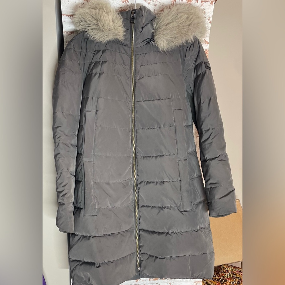 DKNY Charcoal Down Hooded Puffer Coat
